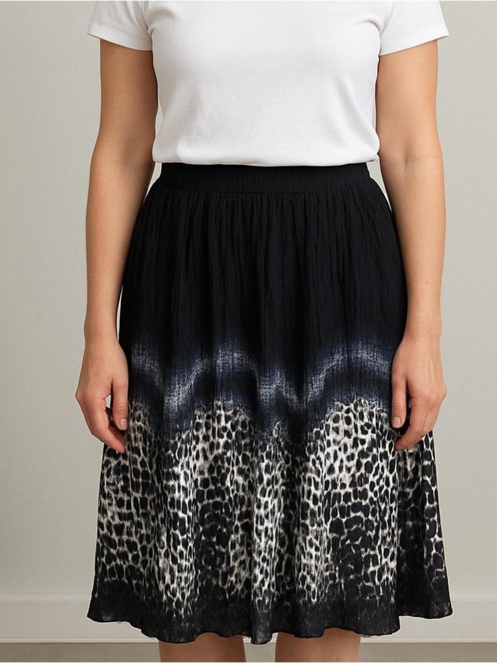 Alison Sheri Black Animal Print Pleated Chiffon Ombré Flowy Midi Skirt Size S